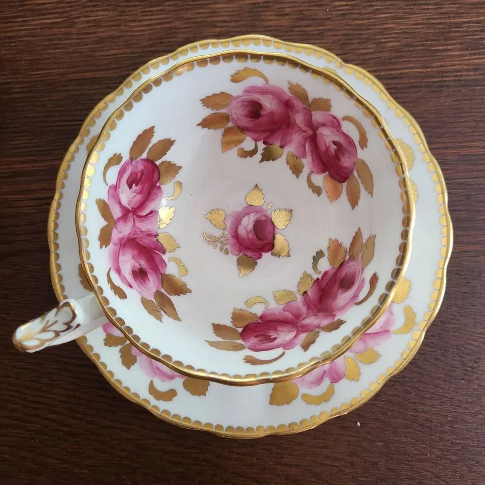 Vintage Royal Chelsea England fine bone China heavy gold cabbage Rose cup saucer